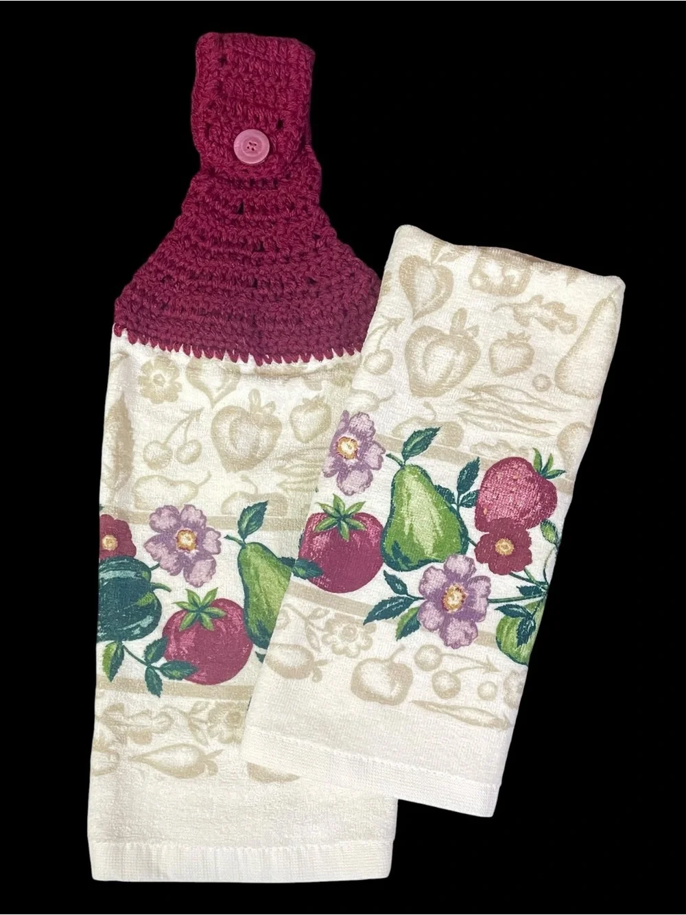 Kitchen Towel Set 2x Crochet Top & Standard ~ Floral Fruits Vegetables NEW NWOT